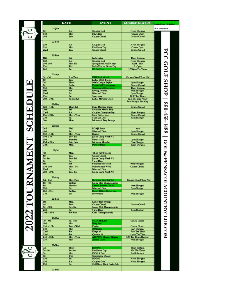 Annual Calendar Pensacola Country Club