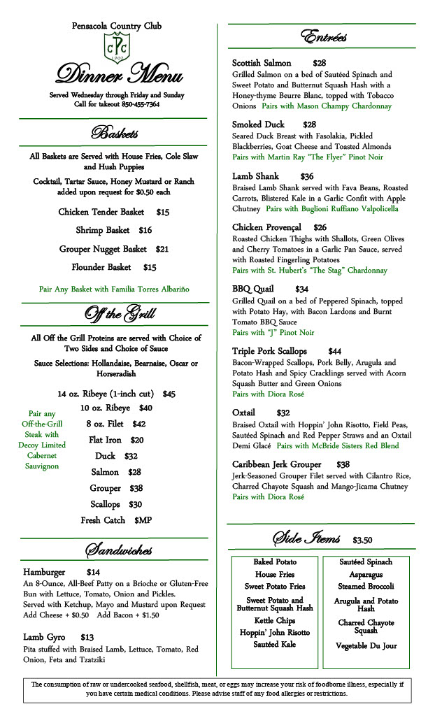 Menus - Pensacola Country Club